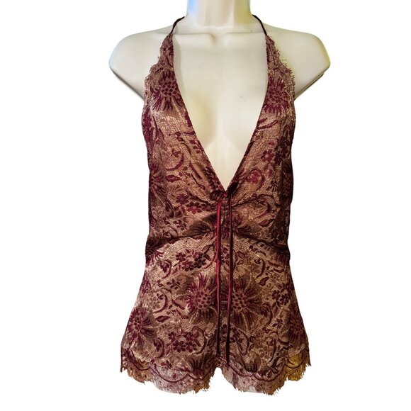 MARC BOWER Metallic Floral Lace Top Plunge Sexy Halter Burgundy Gold Size 12 - Picture 1 of 7